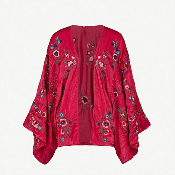 Free People] Beautiful Burgundy Embroidery Sequins Kimono Duster Jacket - Picture 1 of 13